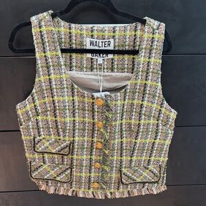 Walter Baker Tweed Plaid Fringe Vest in Green and Brown